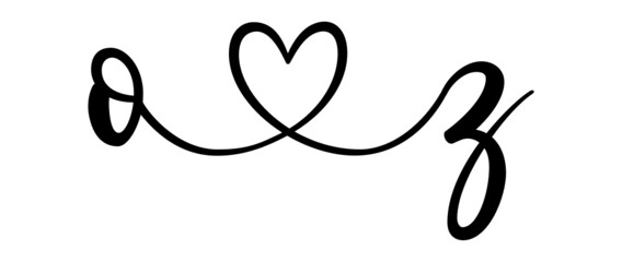 oz, zo, letters with heart Monogram, monogram wedding logo. Love icon, couples Initials, lower case, connecting HEART, home decor,