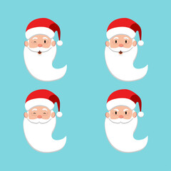 A set of 4 Santa Claus heads with different emotions. Isolated. Cristmas icon. Vector illustration.