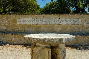 Cenacle of San Francesco with the inscription: "Nil jucundius vidi valle mea spoletana". Sacred Wood of Monteluco, Spoleto, Umbria, Italy