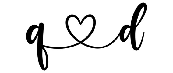 qd, dq, letters with heart Monogram, monogram wedding logo. Love icon, couples Initials, lower case, connecting HEART, home decor,