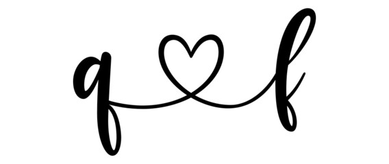 qf, fq, letters with heart Monogram, monogram wedding logo. Love icon, couples Initials, lower case, connecting HEART, home decor,