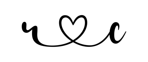 rc, cr, letters with heart Monogram, monogram wedding logo. Love icon, couples Initials, lower case, connecting HEART, home decor,