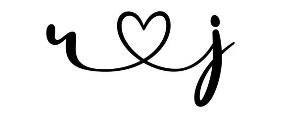 rj, jr, letters with heart Monogram, monogram wedding logo. Love icon, couples Initials, lower case, connecting HEART, home decor,