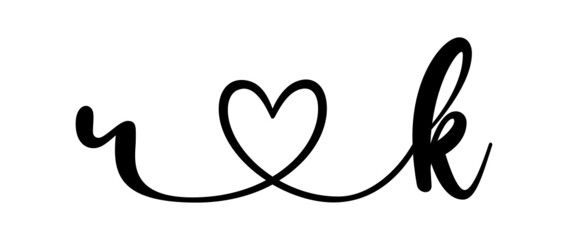 rk, kr, letters with heart Monogram, monogram wedding logo. Love icon, couples Initials, lower case, connecting HEART, home decor,