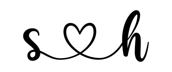 sh, hs, letters with heart Monogram, monogram wedding logo. Love icon, couples Initials, lower case, connecting HEART, home decor,