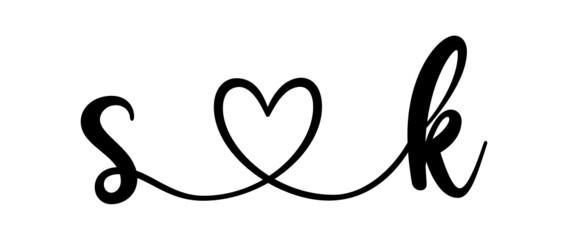sk, ks, letters with heart Monogram, monogram wedding logo. Love icon, couples Initials, lower case, connecting HEART, home decor,