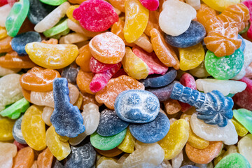 Assorted gummy candies. Top view. Jelly sweets.