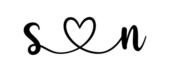 sn, ns, letters with heart Monogram, monogram wedding logo. Love icon, couples Initials, lower case, connecting HEART, home decor,