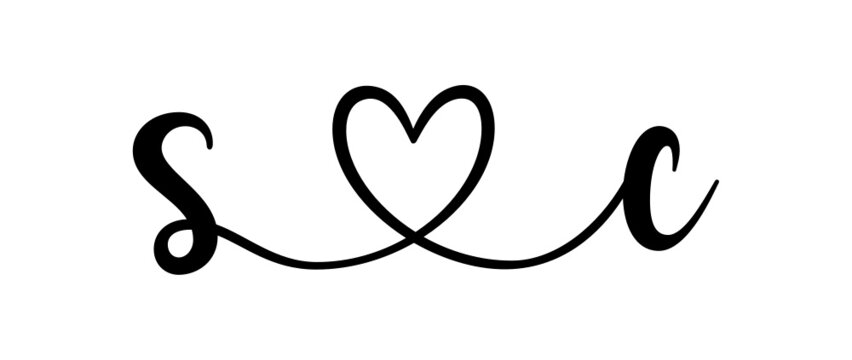 sc, cs, letters with heart Monogram, monogram wedding logo. Love icon, couples Initials, lower case, connecting HEART, home decor,