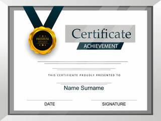 Certificate template with geometry gold and black frame and badge on white background.