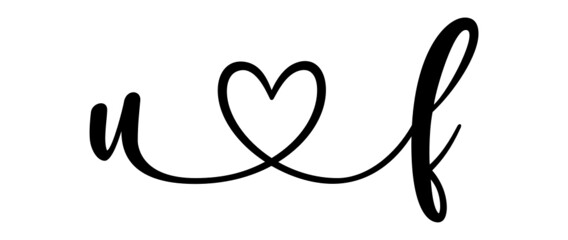 uf, fu, letters with heart Monogram, monogram wedding logo. Love icon, couples Initials, lower case, connecting HEART, home decor,