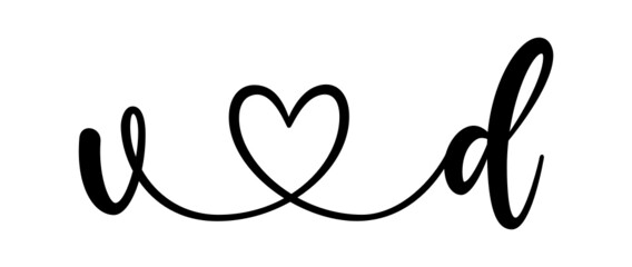 vd, dv, letters with heart Monogram, monogram wedding logo. Love icon, couples Initials, lower case, connecting HEART, home decor,