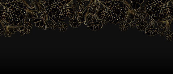 Vector banner with gold flowers in the style of line art on a black background.