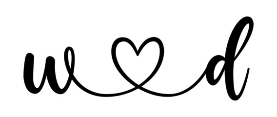 wd, dw, letters with heart Monogram, monogram wedding logo. Love icon, couples Initials, lower case, connecting HEART, home decor,