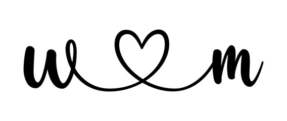 wm, mw, letters with heart Monogram, monogram wedding logo. Love icon, couples Initials, lower case, connecting HEART, home decor,