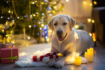 cute labrador in christmas decor 
