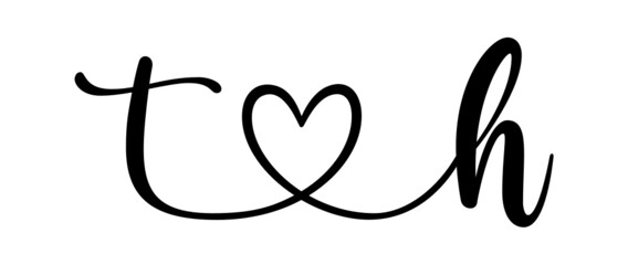 th, ht, letters with heart Monogram, monogram wedding logo. Love icon, couples Initials, lower case, connecting HEART, home decor,