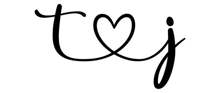 tj, jt, letters with heart Monogram, monogram wedding logo. Love icon, couples Initials, lower case, connecting HEART, home decor,