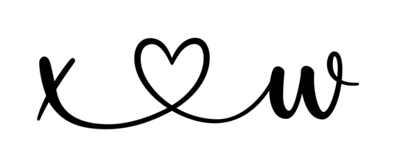 xw, wx, letters with heart Monogram, monogram wedding logo. Love icon, couples Initials, lower case, connecting HEART, home decor,