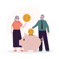 Old people throwing gold coins into piggy bank. Elderly couple save or hoard money. Concept of investment, banking and finance management. Bank Deposit, savings accumulation. © Alina