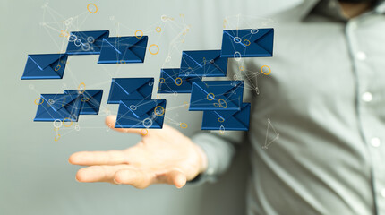 touching 3D rendering flying email icon with his fin