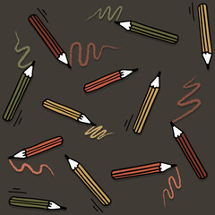 Hand drawn graphic doodle style colorful pencil mess. Vector seamless pattern isolated on dark background.