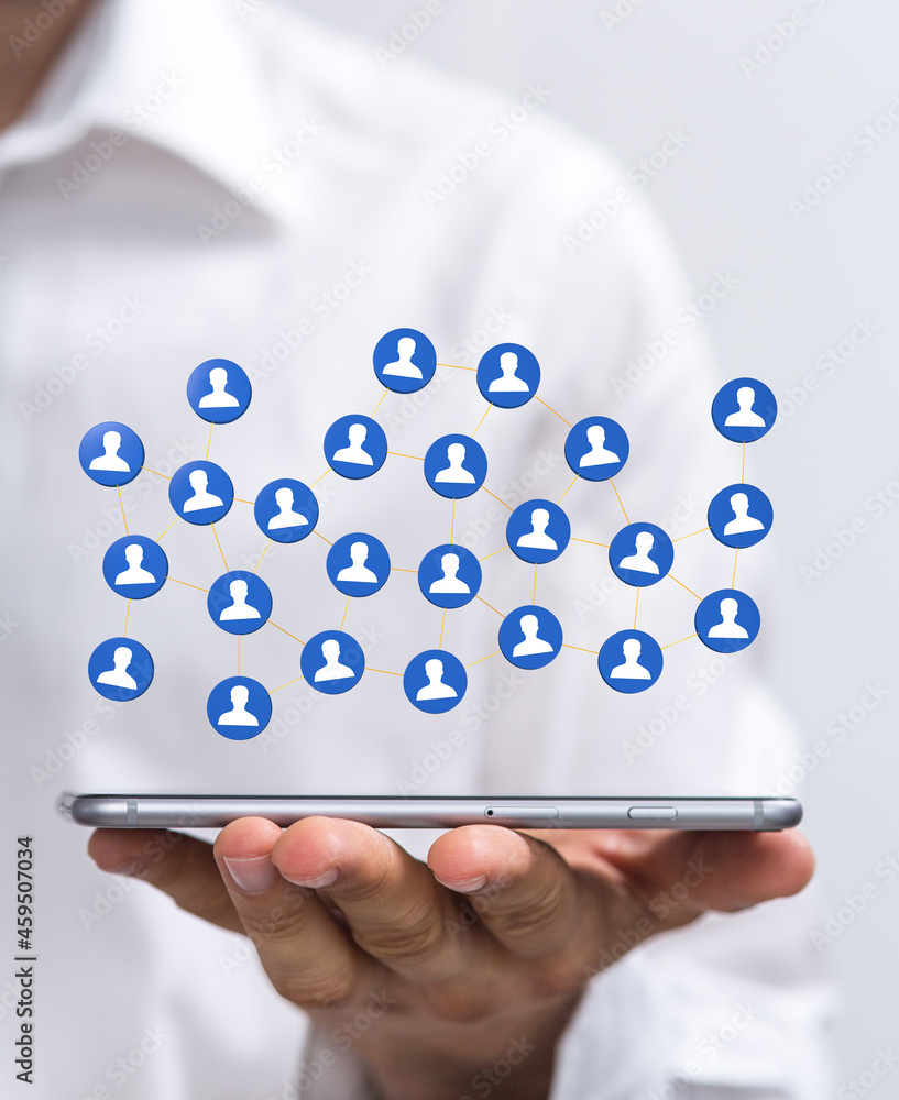 Poster businessman using data network with his fingers