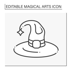  Wizard hat line icon. Traditional cone hat for good witchcraft. Magical arts concept. Isolated vector illustration. Editable stroke