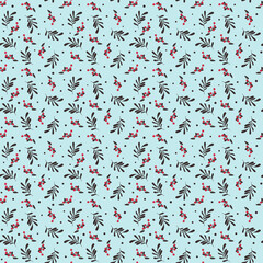 Christmass botanical seamless pattern. Branches, leaves and berries. Cute and colorful vector illustration for background, gift card, wrapping paper, textile, stationery and any surface design