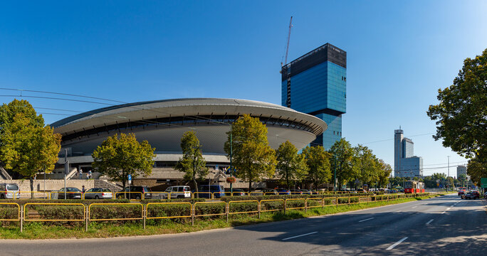 Katowice, Poland - September 11, 2021: A picture of the Spodek and the .KTW building complex taken from the street.