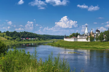 Fototapeta premium Landscape with Dormition Monastery, Staritsa, Russia