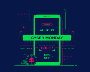 Cyber Monday Sale with technology interface mobile phone design. Smartphone with futuristic data illustration with green and red color graphic elements.