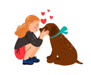 Girl dog love. Littl mistress hugging puppy vector illustration, cute child cuddle pet animal, children loving animals image, toddler hug pup isolated on white