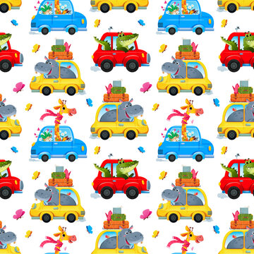 Funny cartoon cars with a crocodile, a giraffe and a hippopotamus as drivers behind the wheel. Seamless pattern with transport and animals in cute childish style