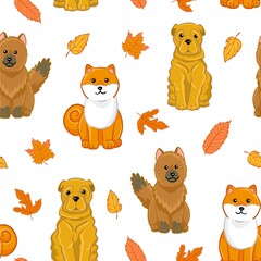 Autumn seamless pattern with dogs breed. Vector cartoon illustration with shiba inu, shar pei, german shepherd and fall leaves. Pattern for wrapping paper, nursery, print.