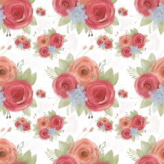 Roses seamless pattern with watercolor nature illustrations. Hand drawn elements: leaves, herbs, plant branches, fresh greens.