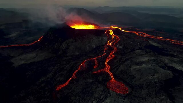 Impressive aerial view of the exploding red lava from the Active Volcano in Iceland