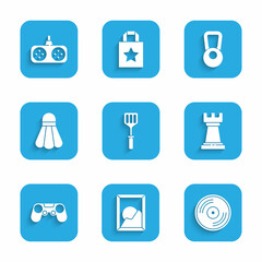 Fototapeta premium Set Spatula, Picture landscape, Vinyl disk, Business strategy, Gamepad, Badminton shuttlecock, Kettlebell and icon. Vector