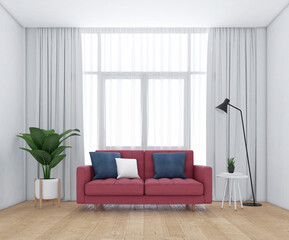 Minimalist living room with windows and white curtains, Sofa and armchair, wooden floor. 3d rendering