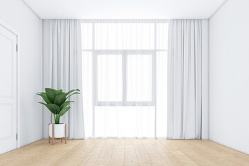 Empty room with windows and white curtains, wooden floor. 3d rendering