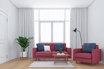 Minimalist living room with windows and white curtains, Sofa and armchair, wooden floor. 3d rendering