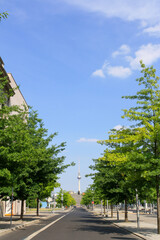 Tree-lined street and park in Berlin, Germany. Clear blue sky. Perspective view. No people.