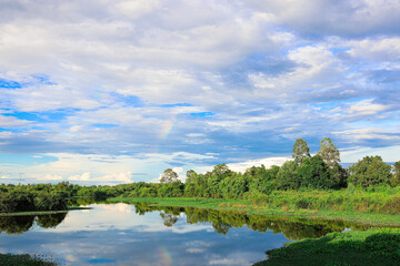 Fototapeta na wymiar lake landscape with sky and cloud background