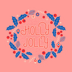 Merry Christmas and Happy Holidays greeting card. Christmas wreath made of branches of a Christmas tree, holly and balls in a linear style.