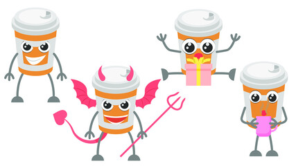 Set Abstract Collection Flat Cartoon 
Different Animal Cup Of Coffee Stand, Devil With Horns And Trident, Is Drinking Coffee, Surprised By The Gift Vector Design Style Elements Fauna Wildlife