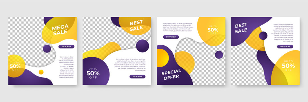 Set of Editable minimal square banner template. Purple and yellow background color with stripe line shape. Suitable for social media post and web internet ads. Vector illustration with photo college