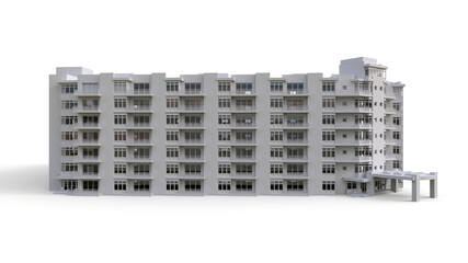 Condominium model in white color with transparent glasses. Apartment house with a courtyard. 3d rendering.