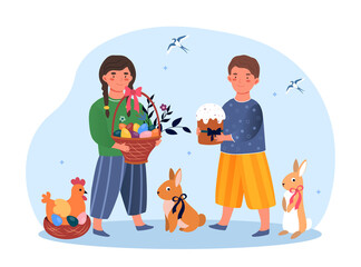 Easter greeting card. Little boy and girl holding cake and basket with Easter eggs in their hands. Toys in form of hare and rabbit. Cartoon flat vector illustration isolated on white background