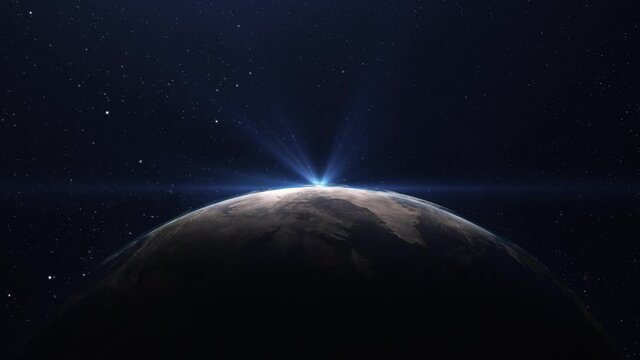 Sunrise over the planet earth on the background of the starry night sky. Macro top view from space. Time change from night to day on the globe. Ideal for universe themes. 4k animation 