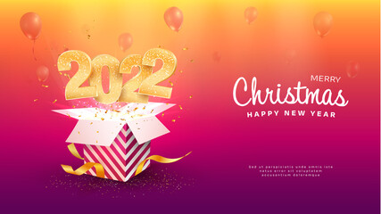 2022 Happy New Year vector illustration. Xmas celebrate on purple background. Merry Christmas celebration. Golden numbers fly out gift box